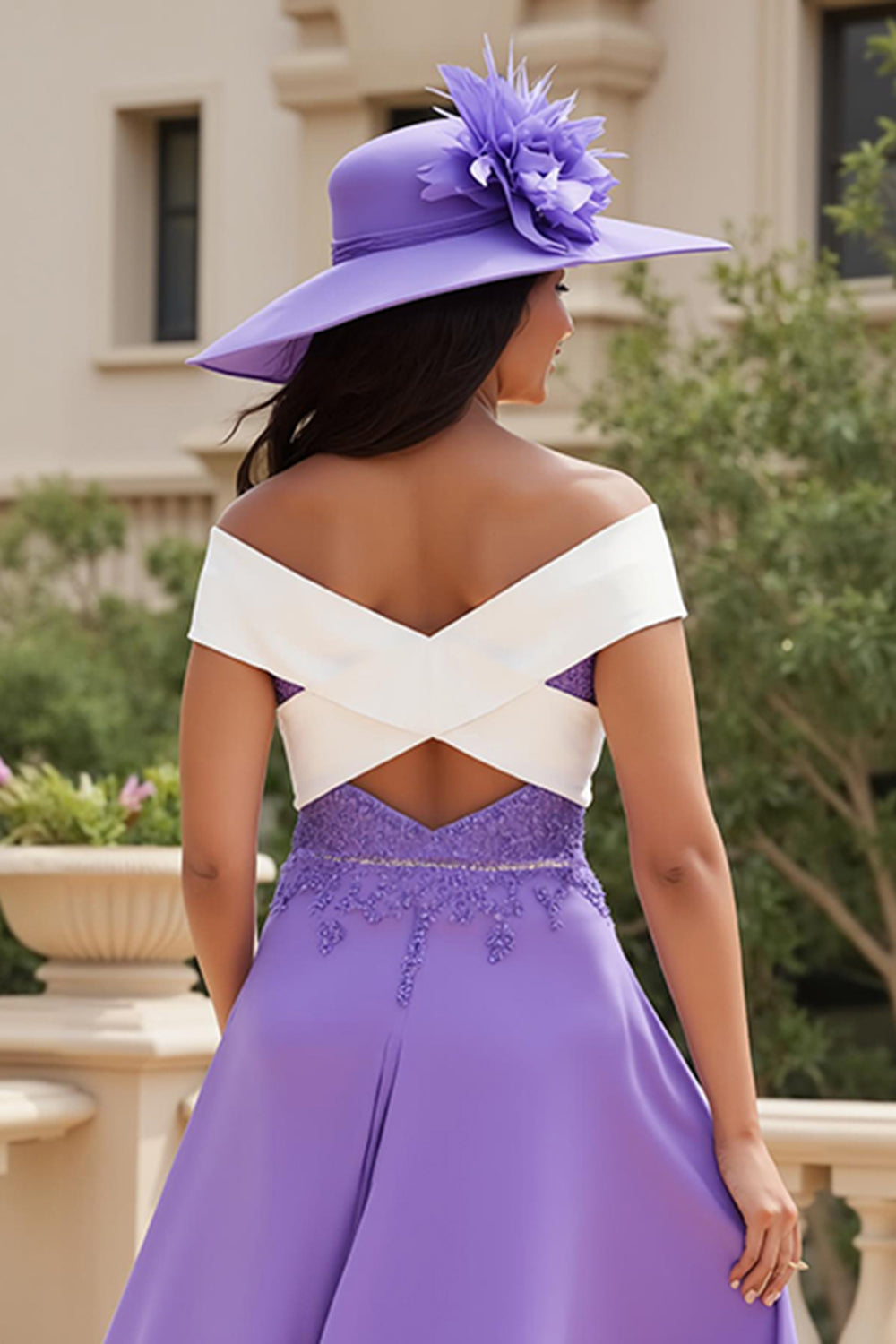 Purple Chiffon A Line Off The Shoulder Long Wedding Guest Dress with Appliques