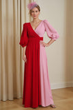 Red Chiffon A Line V-Neck Long Wedding Guest Dress with Sleeves
