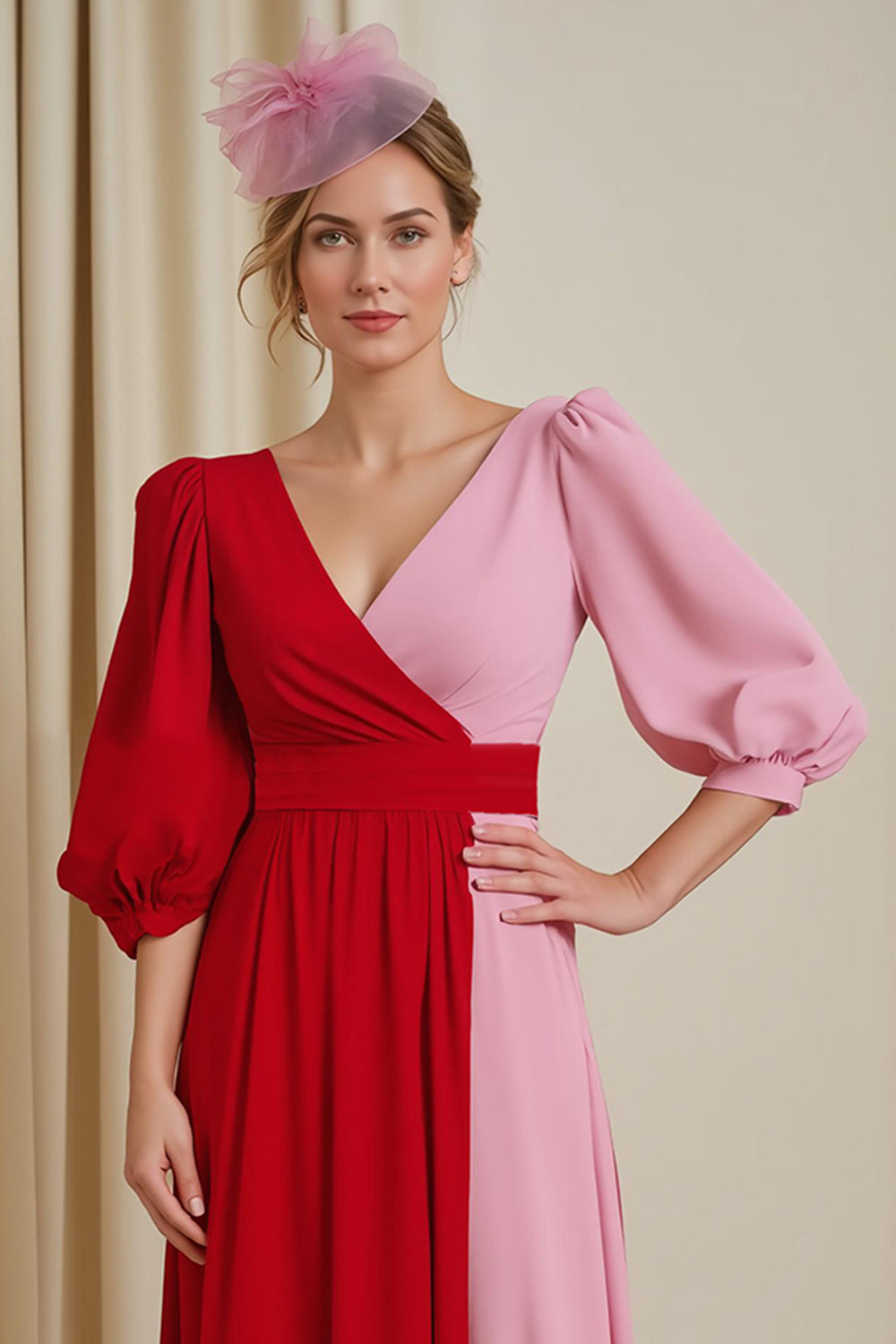 Red Chiffon A Line V-Neck Long Wedding Guest Dress with Sleeves