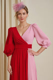 Red Chiffon A Line V-Neck Long Wedding Guest Dress with Sleeves