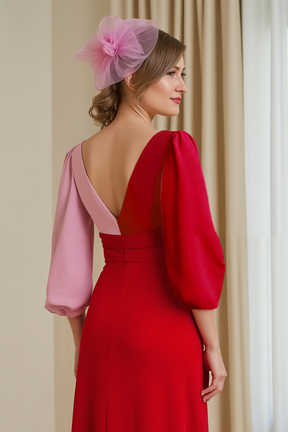 Red Chiffon A Line V-Neck Long Wedding Guest Dress with Sleeves