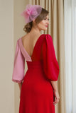 Red Chiffon A Line V-Neck Long Wedding Guest Dress with Sleeves