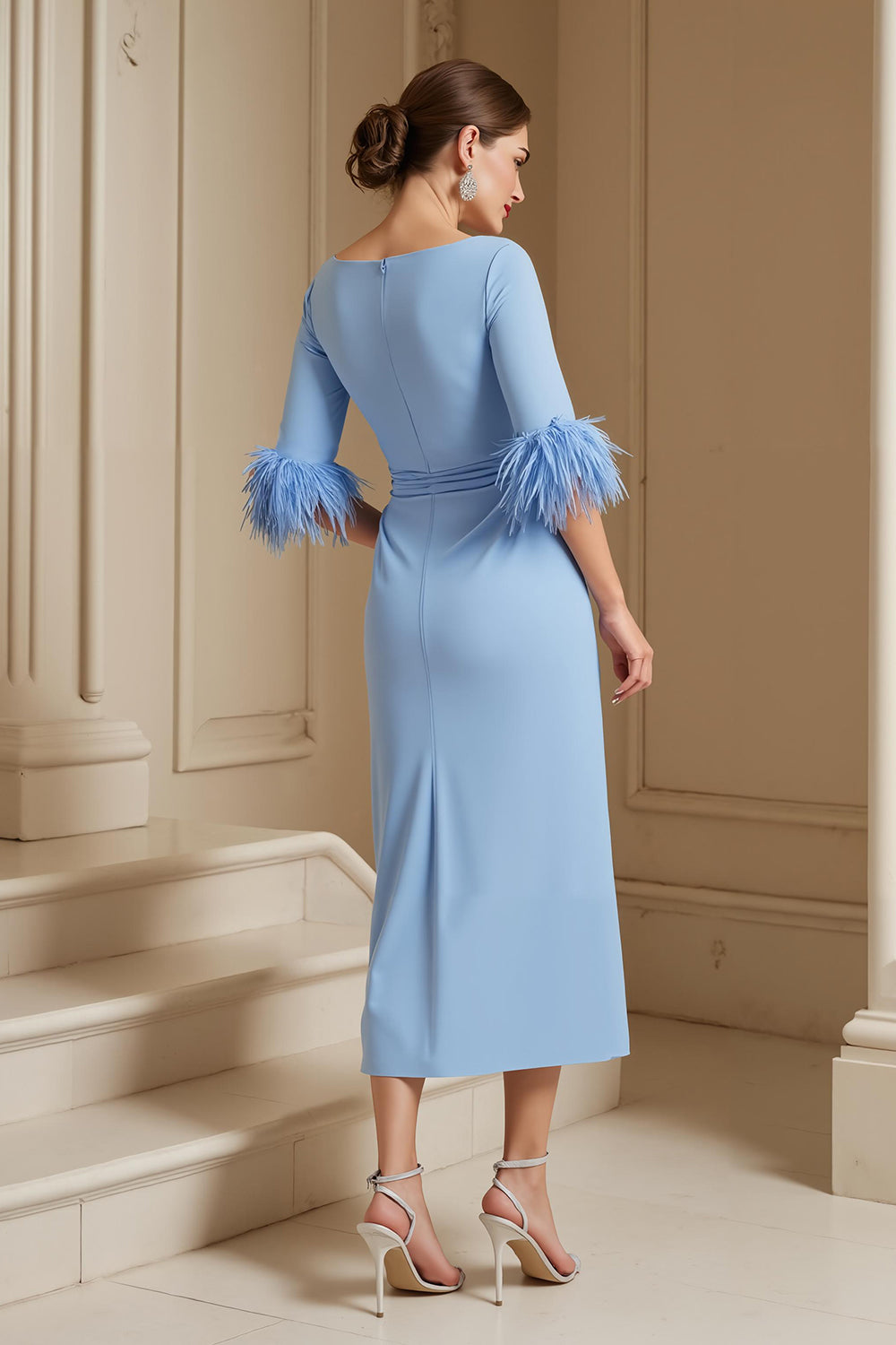Zapakasa Women Light Blue Satin Midi Wedding Guest Dress with Sleeves Sash Sheath Boat Neck Mother of the Bride Dress with Feathers Zapakasa Women Light Blue Satin Midi Wedding Guest Dress with Sleeves Sash Sheath Boat Neck Mother of the Bride Dress with Feathers