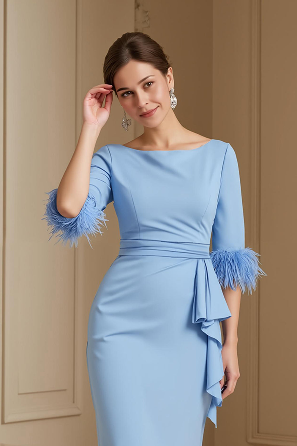 Light Blue Satin Sheath Boat Neck Midi Wedding Guest Dress with Sash