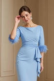 Light Blue Satin Sheath Boat Neck Midi Wedding Guest Dress with Sash