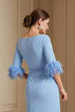 Light Blue Satin Sheath Boat Neck Midi Wedding Guest Dress with Sash