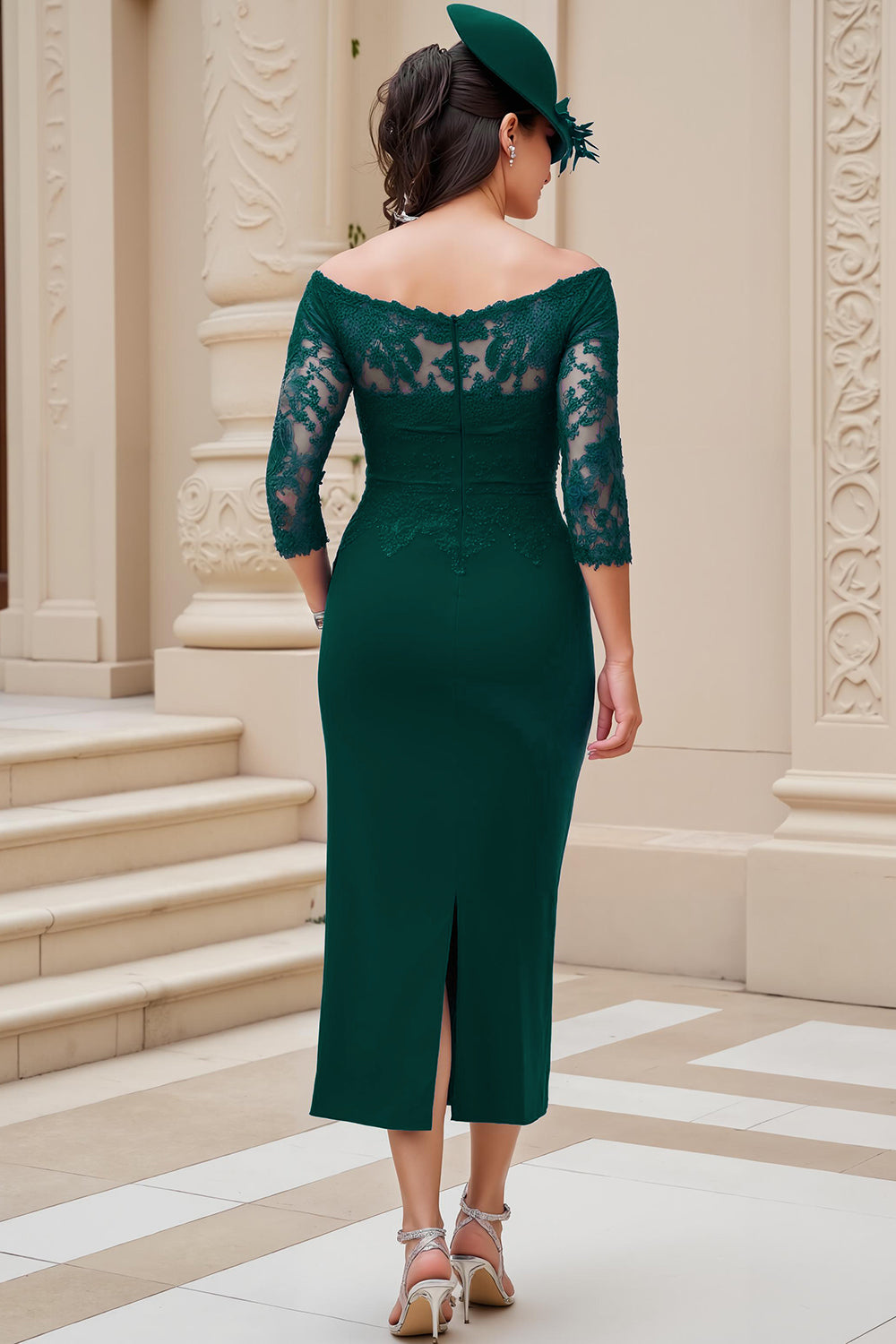 Zapakasa Women Dark Green Satin Long Wedding Guest Dress with Slit Sheath Off The Shoulder Ruched Lace Sleeves Mother of the Bride Dress Zapakasa Women Dark Green Satin Long Wedding Guest Dress with Slit Sheath Off The Shoulder Ruched Lace Sleeves Mother of the Bride Dress