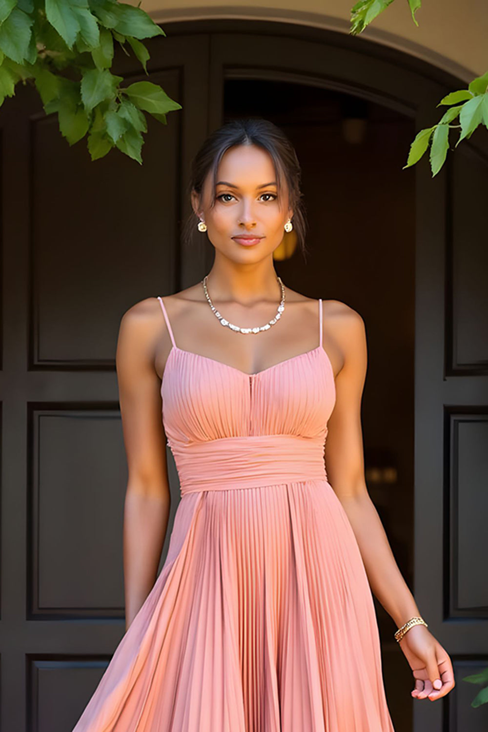 Sunset A Line Chiffon Pleated Spaghetti Straps Long Bridesmaid Dress