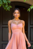 Sunset A Line Chiffon Pleated Spaghetti Straps Long Bridesmaid Dress