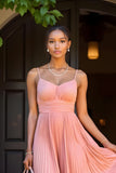 Sunset A Line Chiffon Pleated Spaghetti Straps Long Bridesmaid Dress