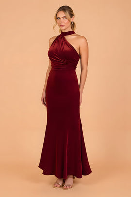 Cabernet Velvet Mermaid Halter Ruched Long Bridesmaid Dress