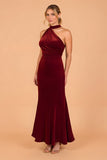Cabernet Velvet Mermaid Halter Ruched Long Bridesmaid Dress