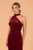 Cabernet Velvet Mermaid Halter Ruched Long Bridesmaid Dress