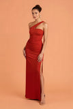 Dark Red Sheath Chiffon Ruched Long Bridesmaid Dress with Slit