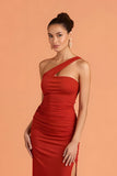 Dark Red Sheath Chiffon Ruched Long Bridesmaid Dress with Slit