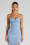 Light Blue Chiffon Ruched Sheath Long Bridesmaid Dress with Slit