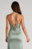 Eucalyptus Satin Sheath Long Bridesmaid Dress with Slit