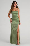 Eucalyptus Satin Sheath Long Bridesmaid Dress with Slit