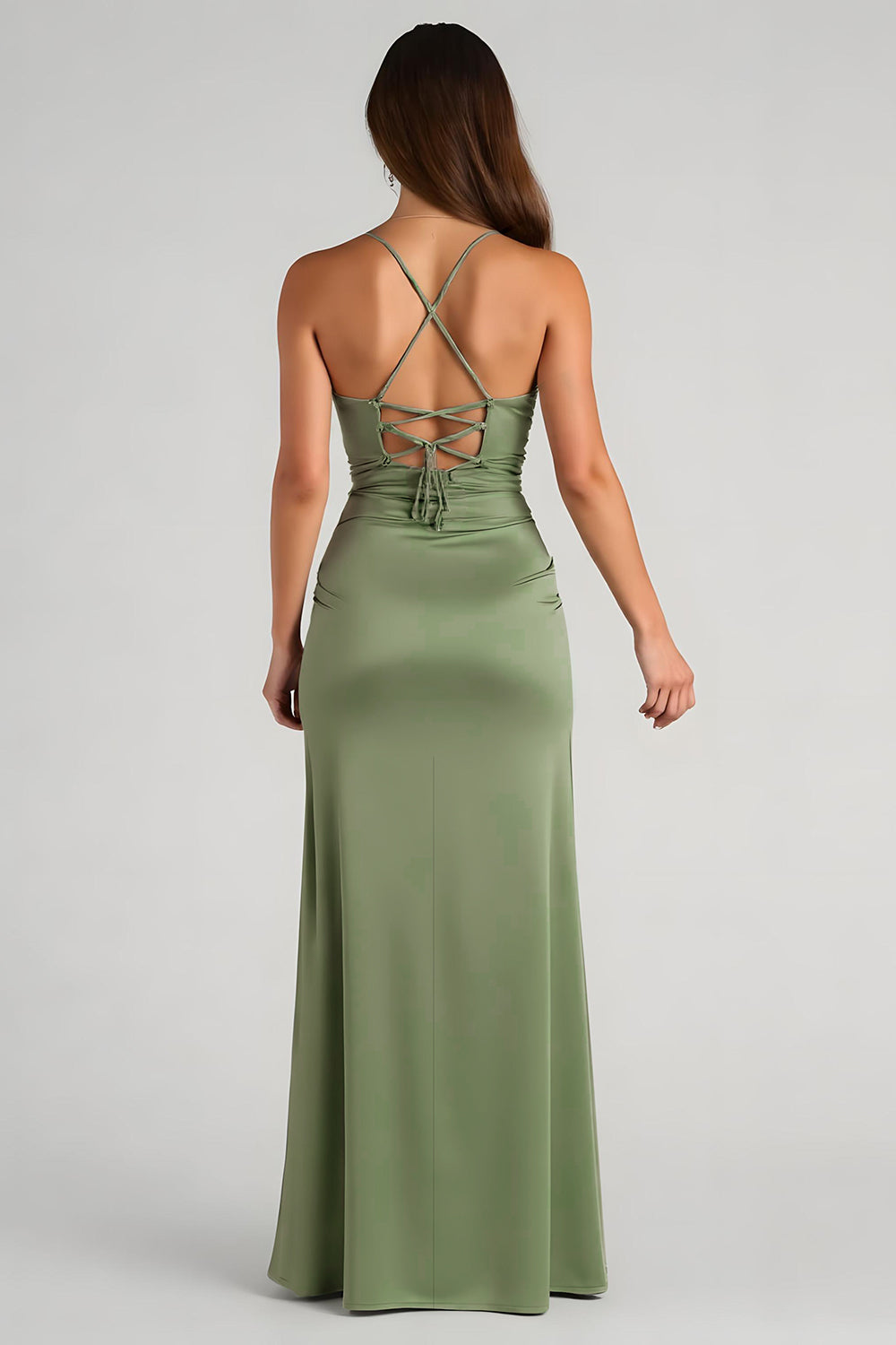 Eucalyptus Satin Sheath Long Bridesmaid Dress with Slit