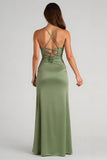 Eucalyptus Satin Sheath Long Bridesmaid Dress with Slit