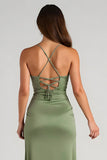 Eucalyptus Satin Sheath Long Bridesmaid Dress with Slit