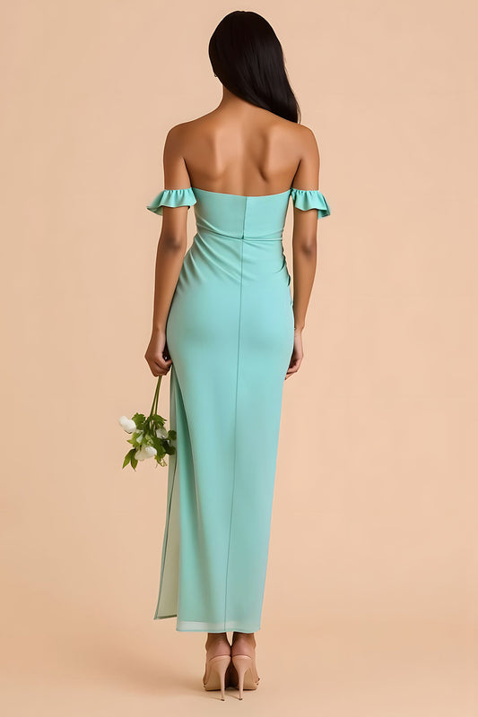 Mint Green Chiffon Off The Shoulder Sheath Long Bridesmaid Dress