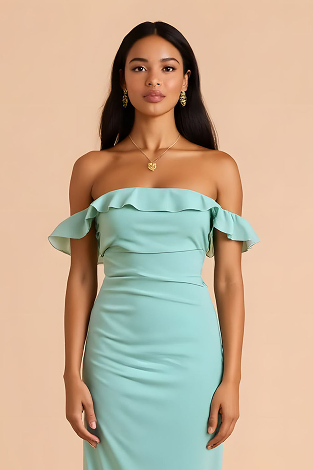 Mint Green Chiffon Off The Shoulder Sheath Long Bridesmaid Dress