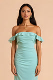 Mint Green Chiffon Off The Shoulder Sheath Long Bridesmaid Dress