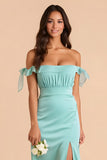 Mint Green Chiffon Off The Shoulder Sheath Long Bridesmaid Dress with Slit