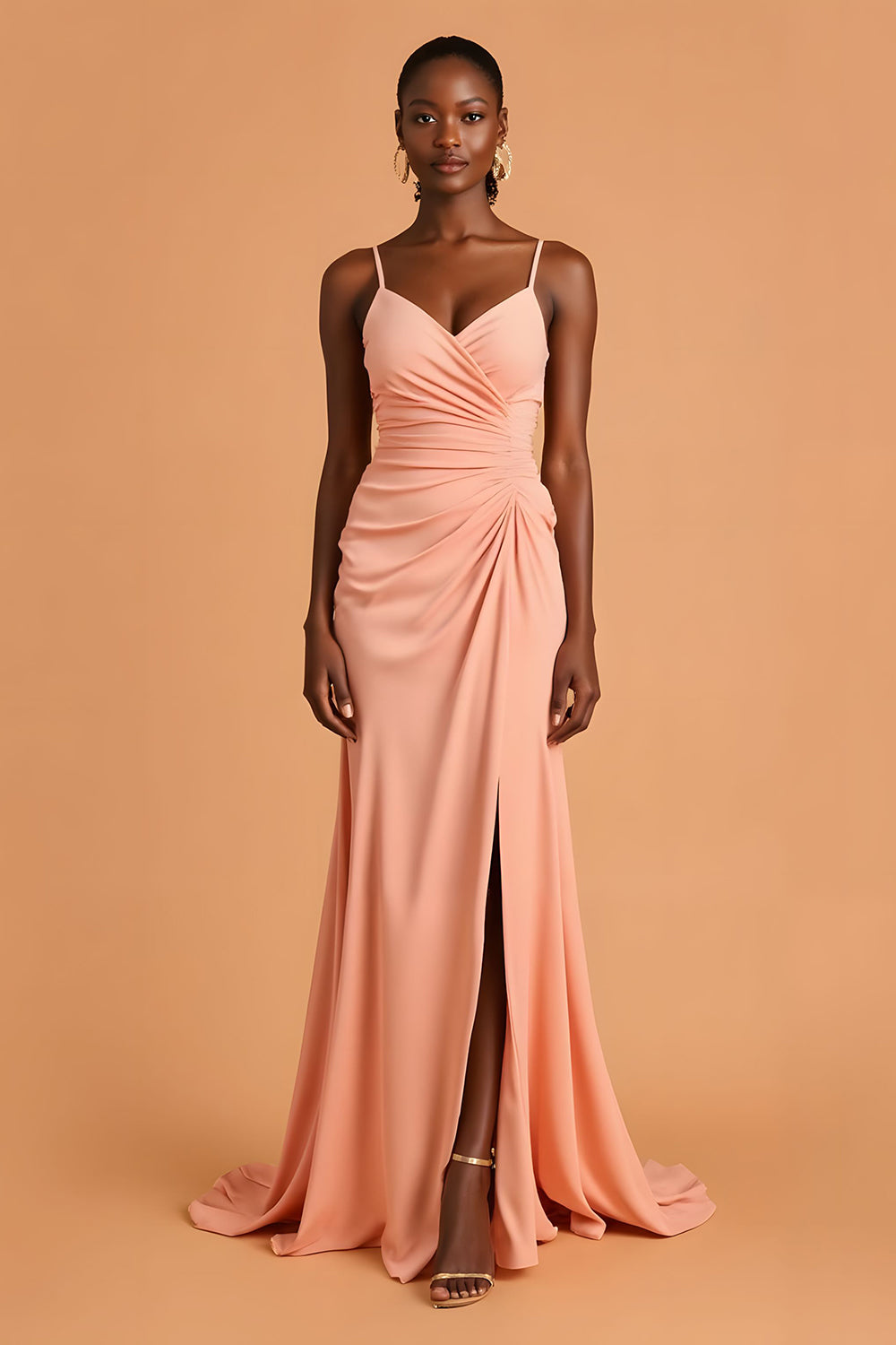 Sunset Chiffon Spaghetti Straps Mermaid Long Bridesmaid Dress with Slit