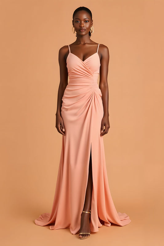 Sunset Chiffon Spaghetti Straps Mermaid Long Bridesmaid Dress with Slit