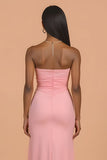 Blush Chiffon Strapless Sheath Long Bridesmaid Dress with Slit