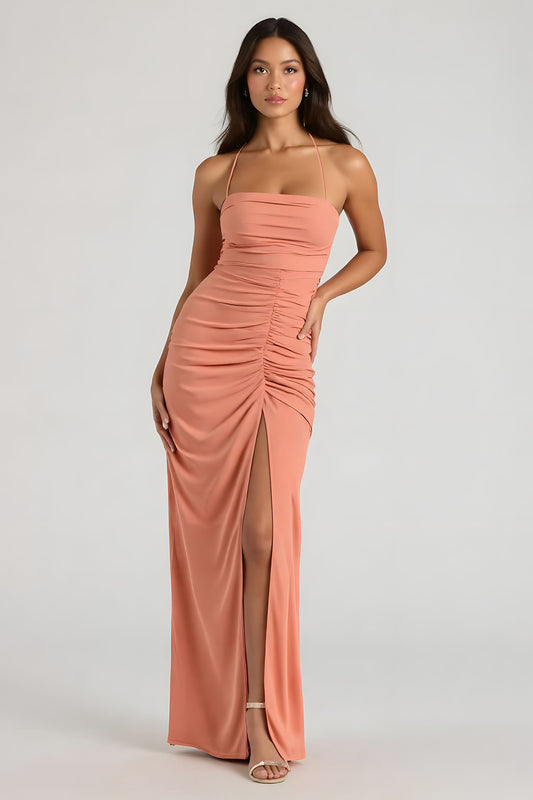 Sunset Sheath Spaghetti Straps Long Bridesmaid Dress with Slit