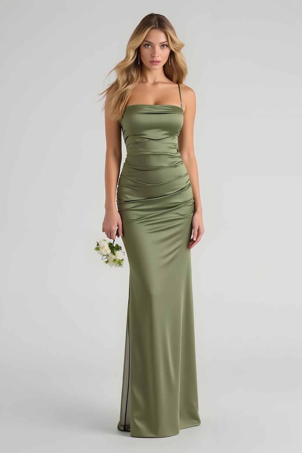 Simple Olive Spaghetti Straps Satin Long Bridesmaid Dress