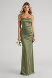 Simple Olive Spaghetti Straps Satin Long Bridesmaid Dress