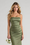 Simple Olive Spaghetti Straps Satin Long Bridesmaid Dress