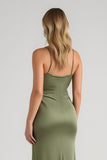 Simple Olive Spaghetti Straps Satin Long Bridesmaid Dress