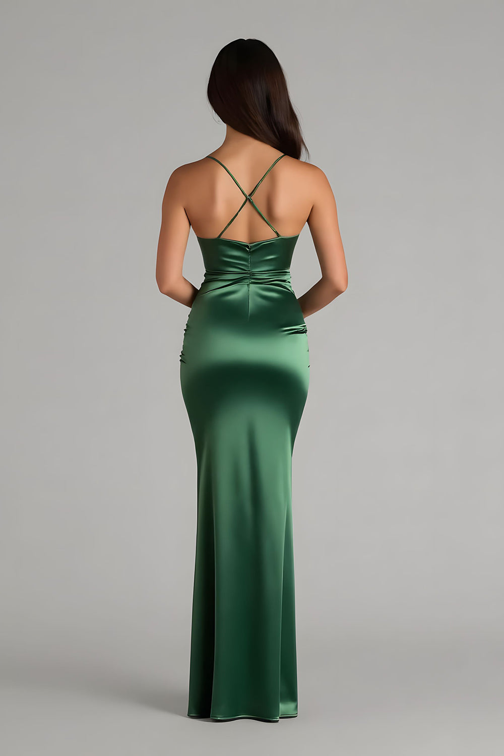 Dark Green Satin Sheath Spaghetti Straps Ruched Long Bridesmaid Dress