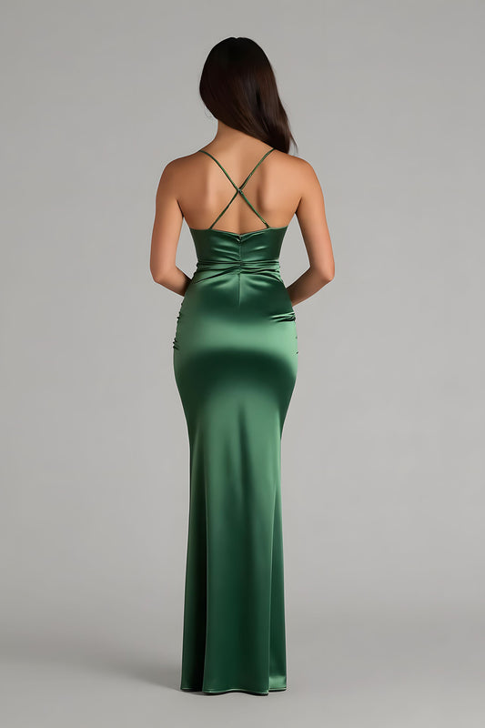 Dark Green Satin Sheath Spaghetti Straps Ruched Long Bridesmaid Dress