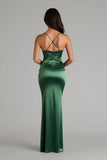 Dark Green Satin Sheath Spaghetti Straps Ruched Long Bridesmaid Dress