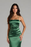 Dark Green Satin Sheath Spaghetti Straps Ruched Long Bridesmaid Dress