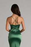 Dark Green Satin Sheath Spaghetti Straps Ruched Long Bridesmaid Dress