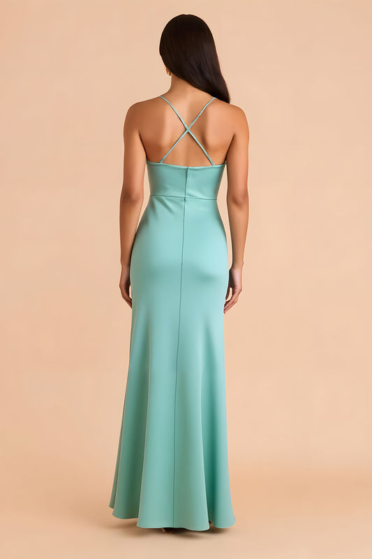 Mint Green Sheath Spaghetti Straps Long Bridesmaid Dress with Ruffles