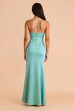 Mint Green Sheath Spaghetti Straps Long Bridesmaid Dress with Ruffles