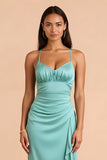 Mint Green Sheath Spaghetti Straps Long Bridesmaid Dress with Ruffles