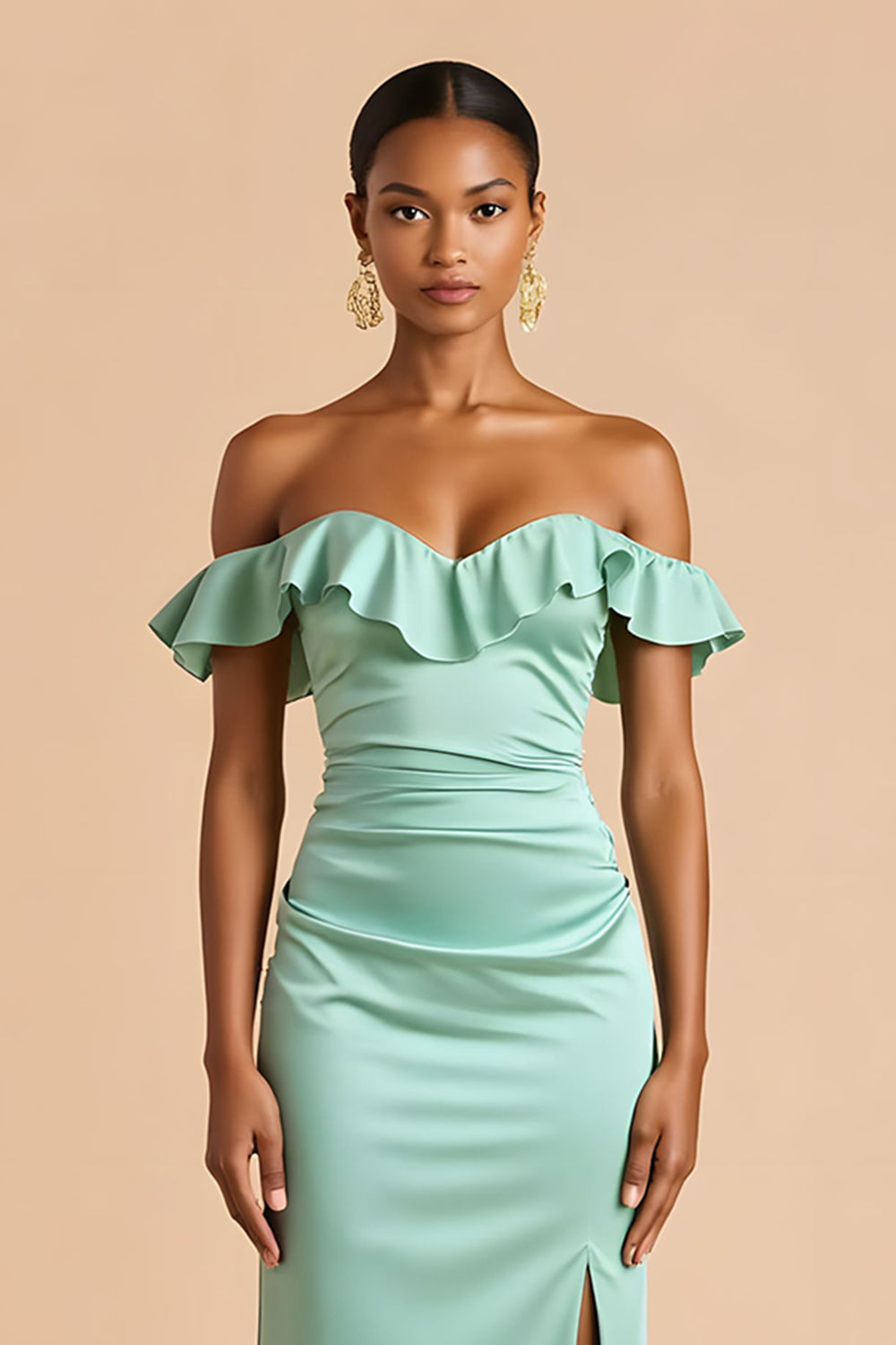 Zapakasa Women Mint Green Long Bridesmaid Dress with Ruffles Sheath Off The Shoulder Ruched Wedding Guest Dress with Slit Zapakasa Women Mint Green Long Bridesmaid Dress with Ruffles Sheath Off The Shoulder Ruched Wedding Guest Dress with Slit
