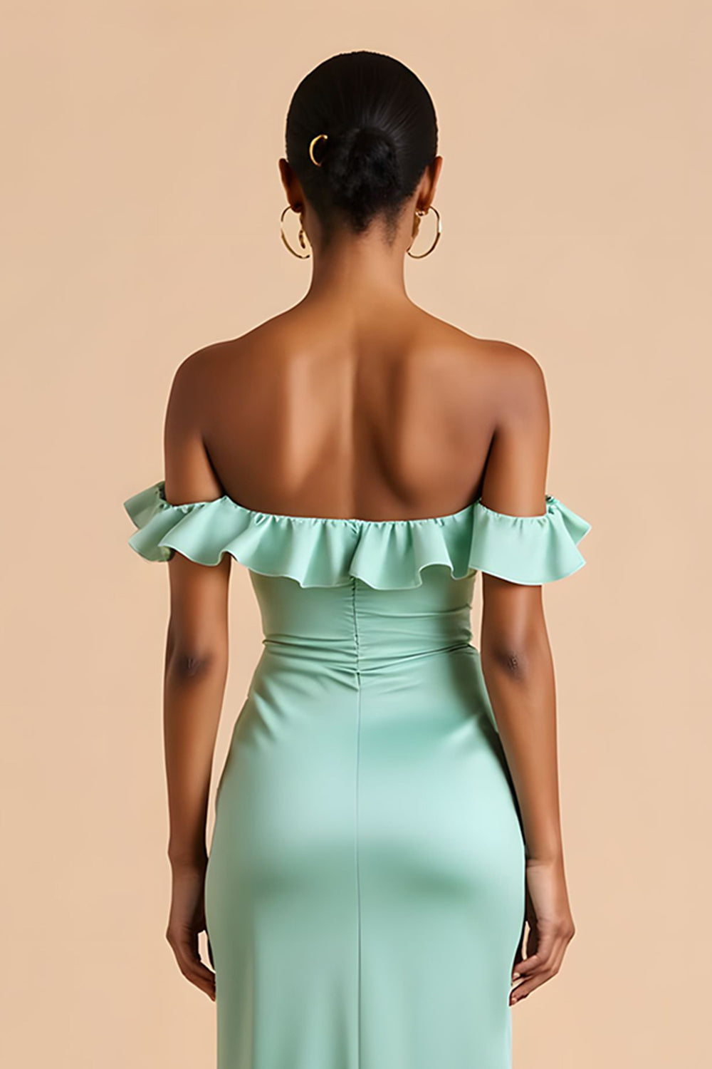 Mint Green Ruffled Off The Shoulder Long Bridesmaid Dress with Slit