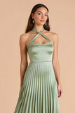 Sage Green Satin A Line Halter Pleated Long Bridesmaid Dress