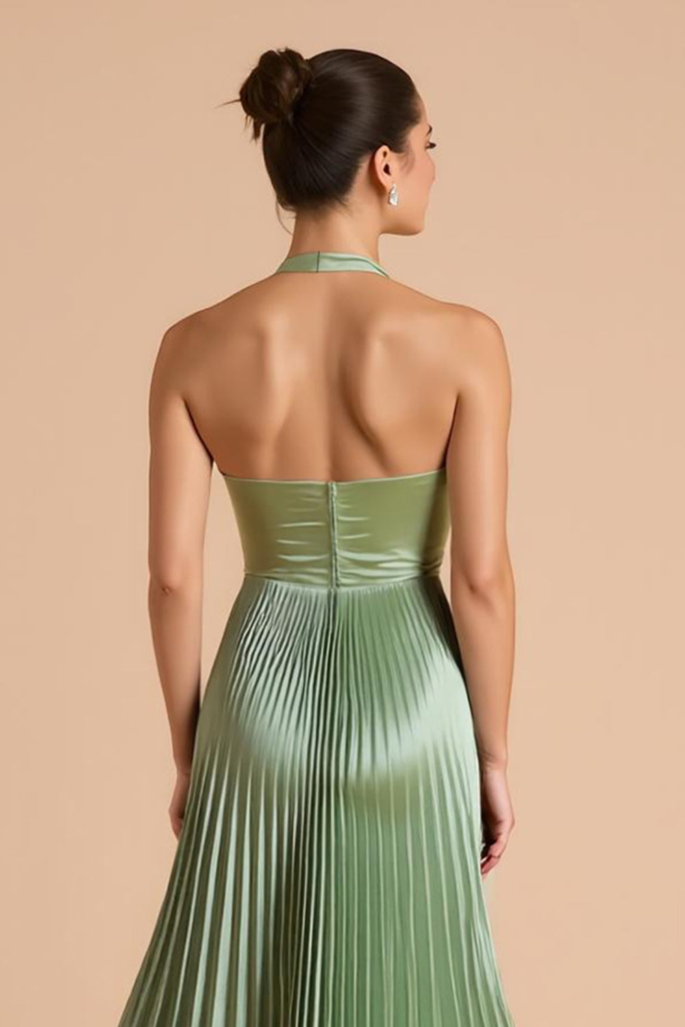 Sage Green Satin A Line Halter Pleated Long Bridesmaid Dress