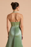 Sage Green Satin A Line Halter Pleated Long Bridesmaid Dress
